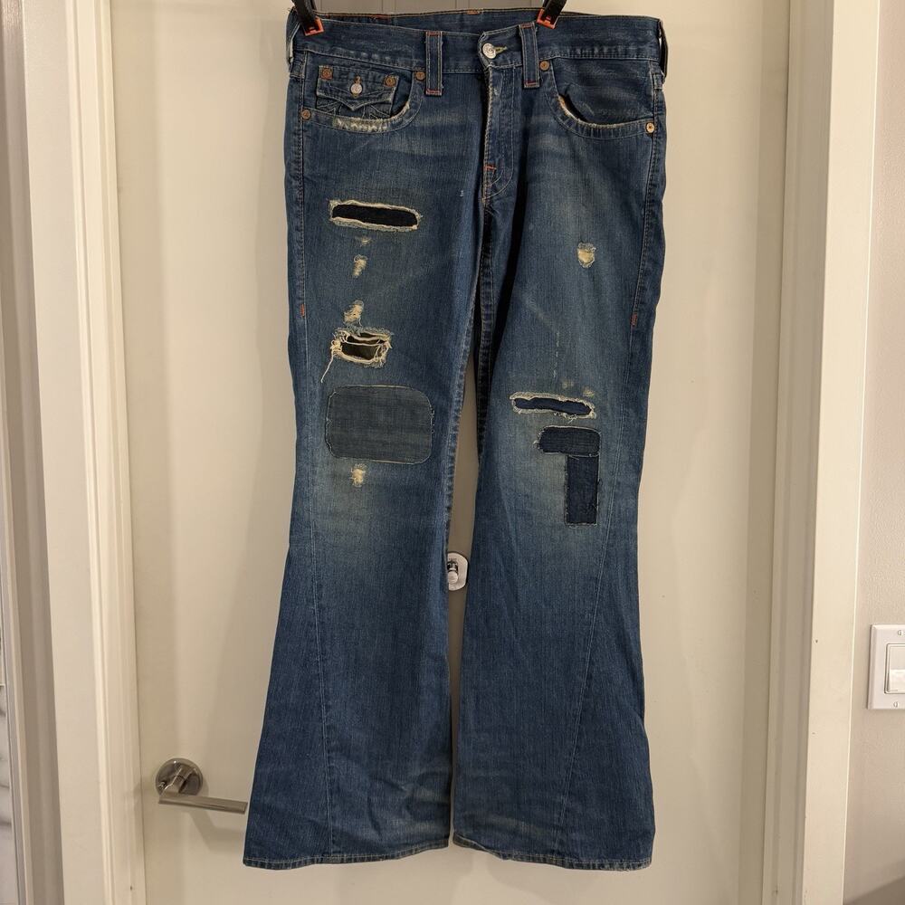 True Religion Joey Distressed Patchwork Flare Jeans Mens 33x33 Vintage Y2K